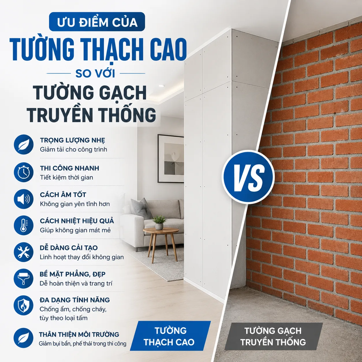 Ưu Điểm Của Tường Thạch Cao So Với Tường Gạch Truyền Thống